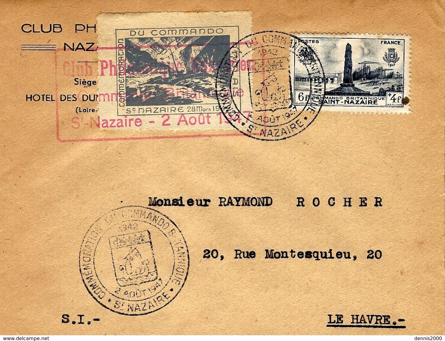 2 Août 1947- Enveloppe De St Nazaire  Affr. N° 786  + Vignette " Commémoration Du Commando Britannique - Guerre De 1939-45