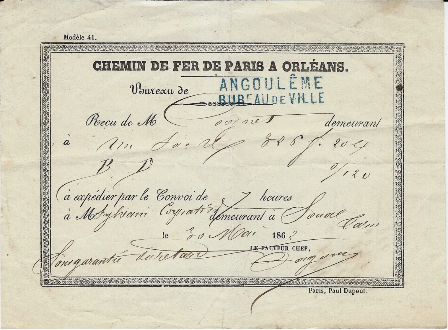 1862-  Chemin De Fer Paris à Orléans - Bulletin De Prise En Charge D'un Colis Au Bureau D'ANGOULÊME - Poste Ferroviaire