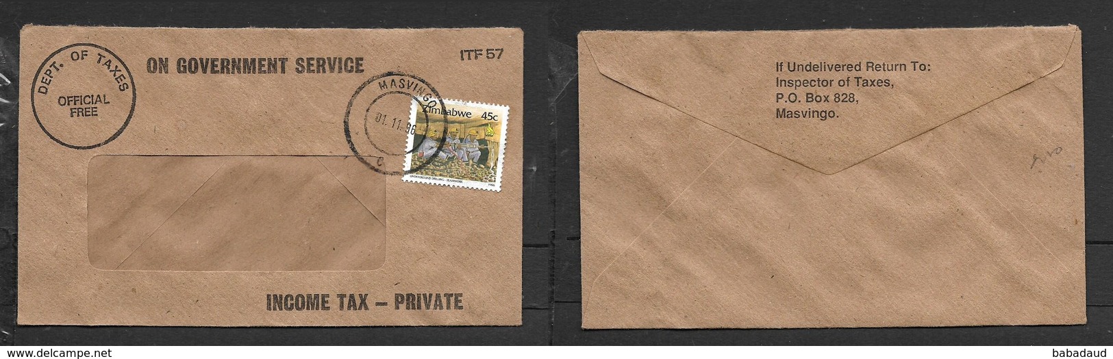 Zimbabwe ON GOVERNMENT SERVICE INCOME TAX OFFICIAL FREE + 45c Stamp MASVINGO 01 11 96 - Zimbabwe (1980-...)