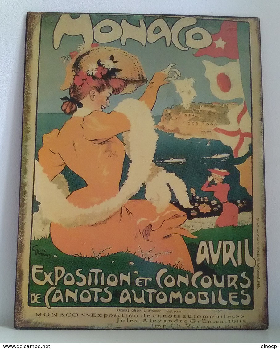 Plaque Publicitaire En Tôle - MONACO Exposition Et Concours De Canots Automobile S - Illustrateur Grün Femme Art Nouveau - Plaques En Tôle (après 1960)