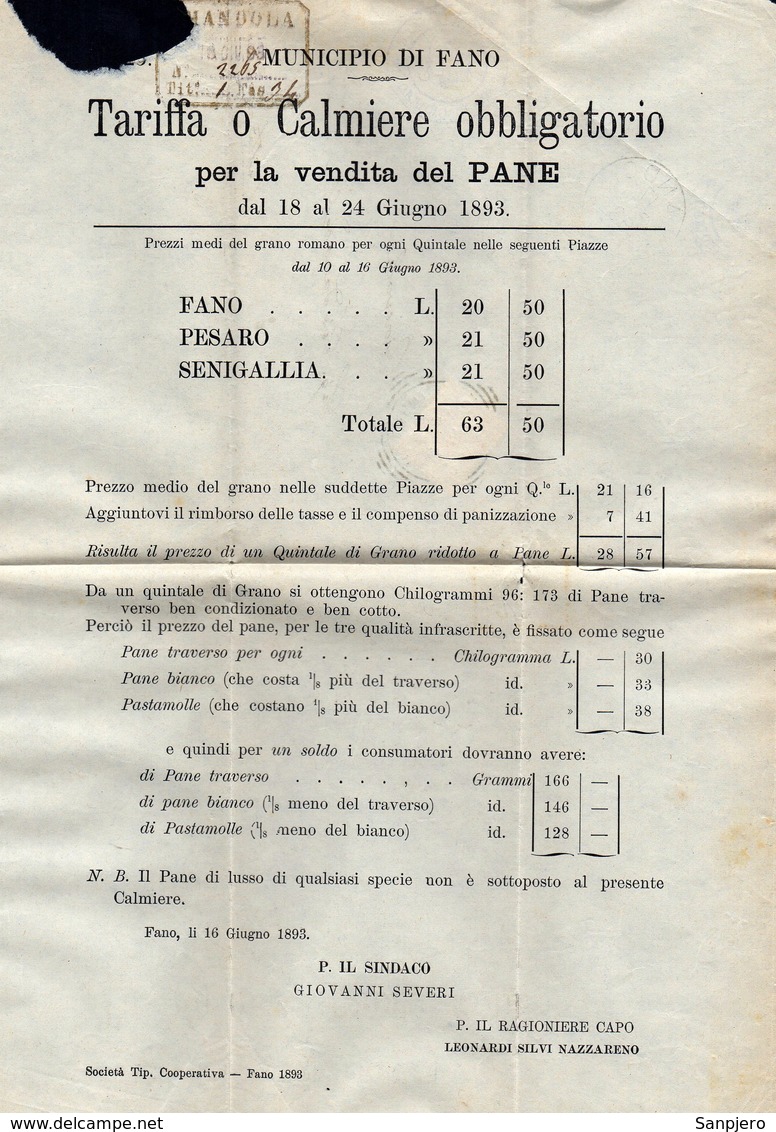 ITALY ITALIA 1893. Historical Documents Envelope Use By The Municipality Of FANO PESARO SENIGALLIA AMANDOLA - Documenti Storici