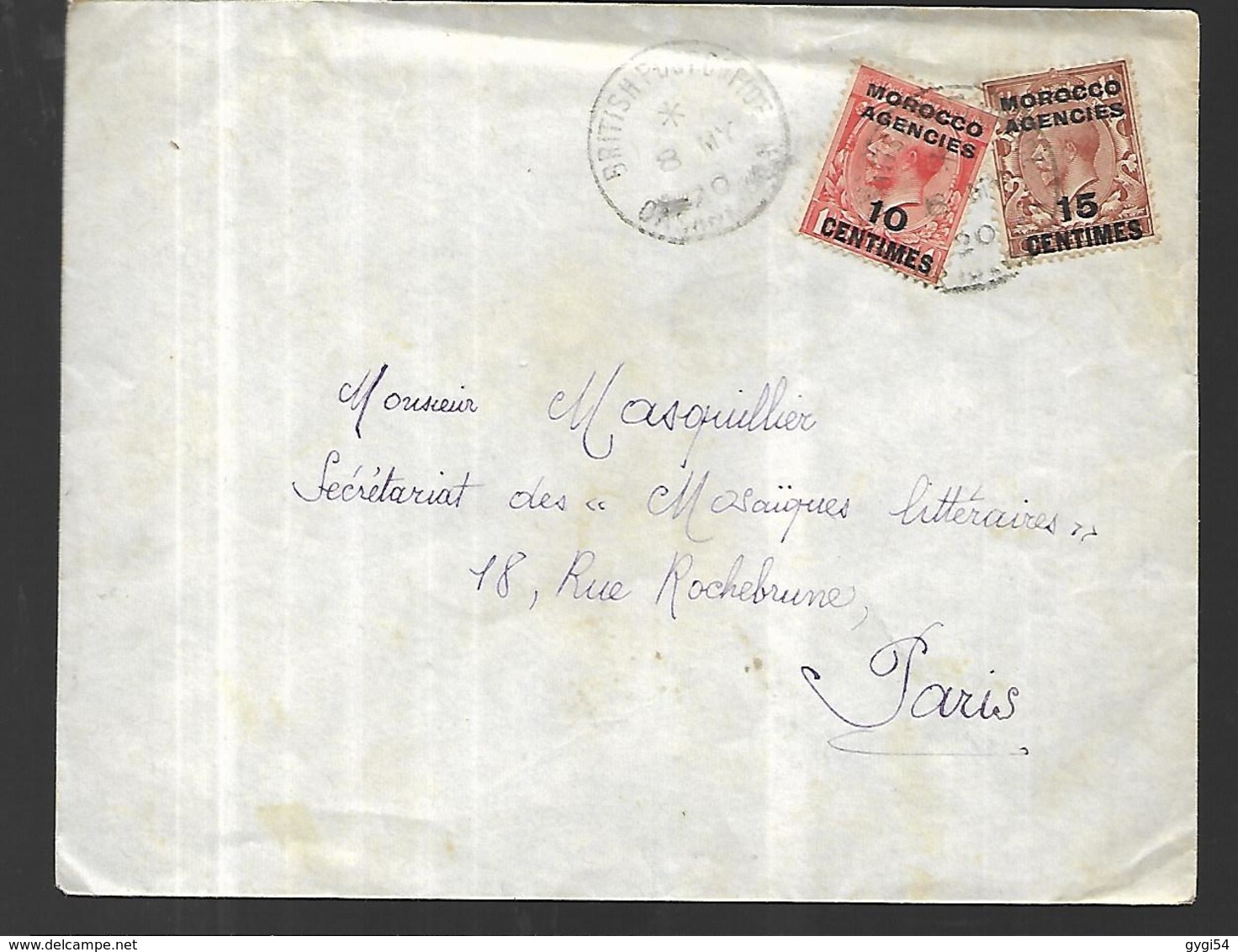 Bureau Britannique   Au Maroc     Lettre De Tanger  Du 10 Mai 1920 Pour Paris - Autres & Non Classés