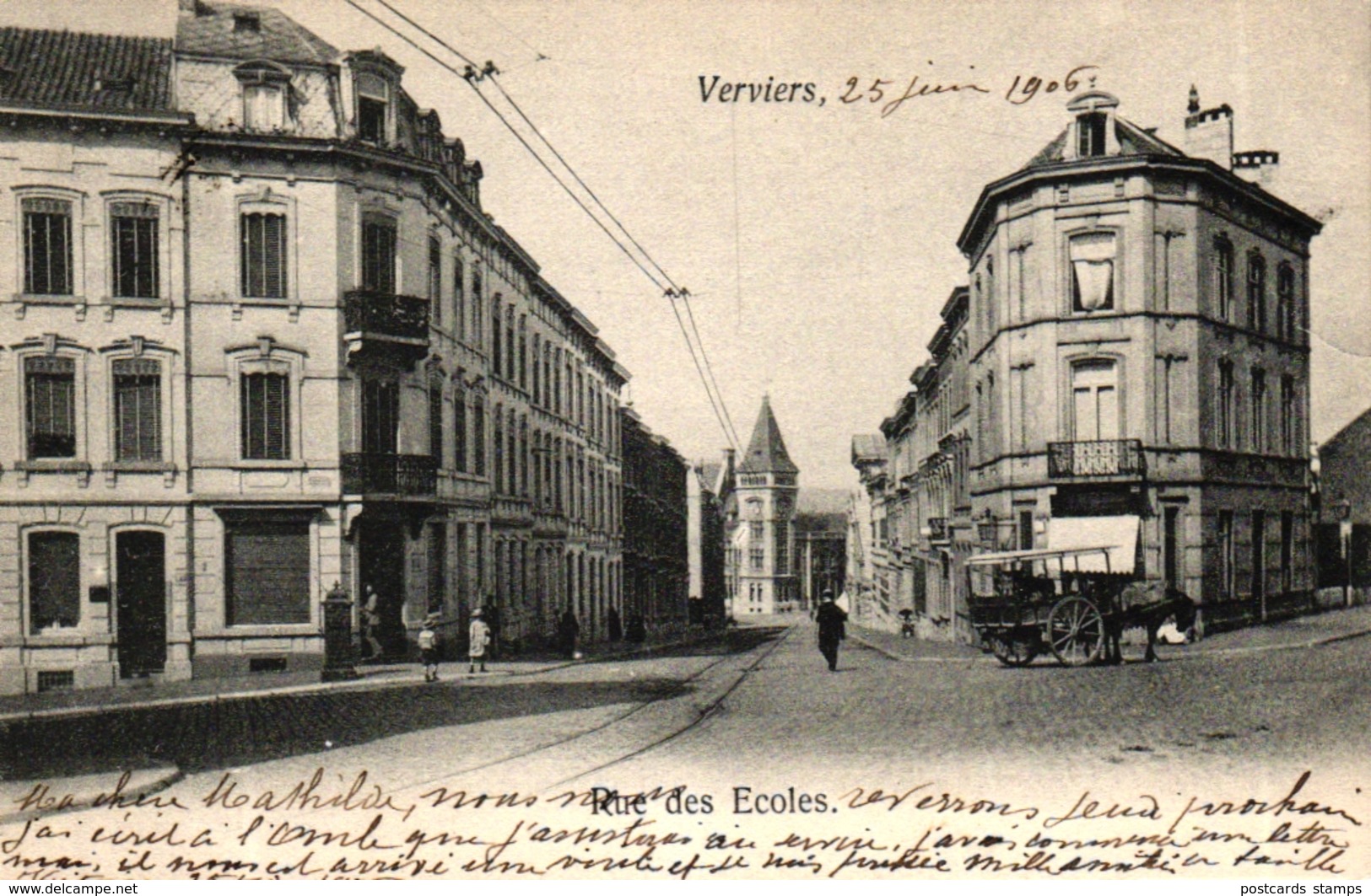 Verviers, Rue Des Ecoles, Geschäft Mit Kutsche, 1906 Nach Luxemburg Versandt - Verviers