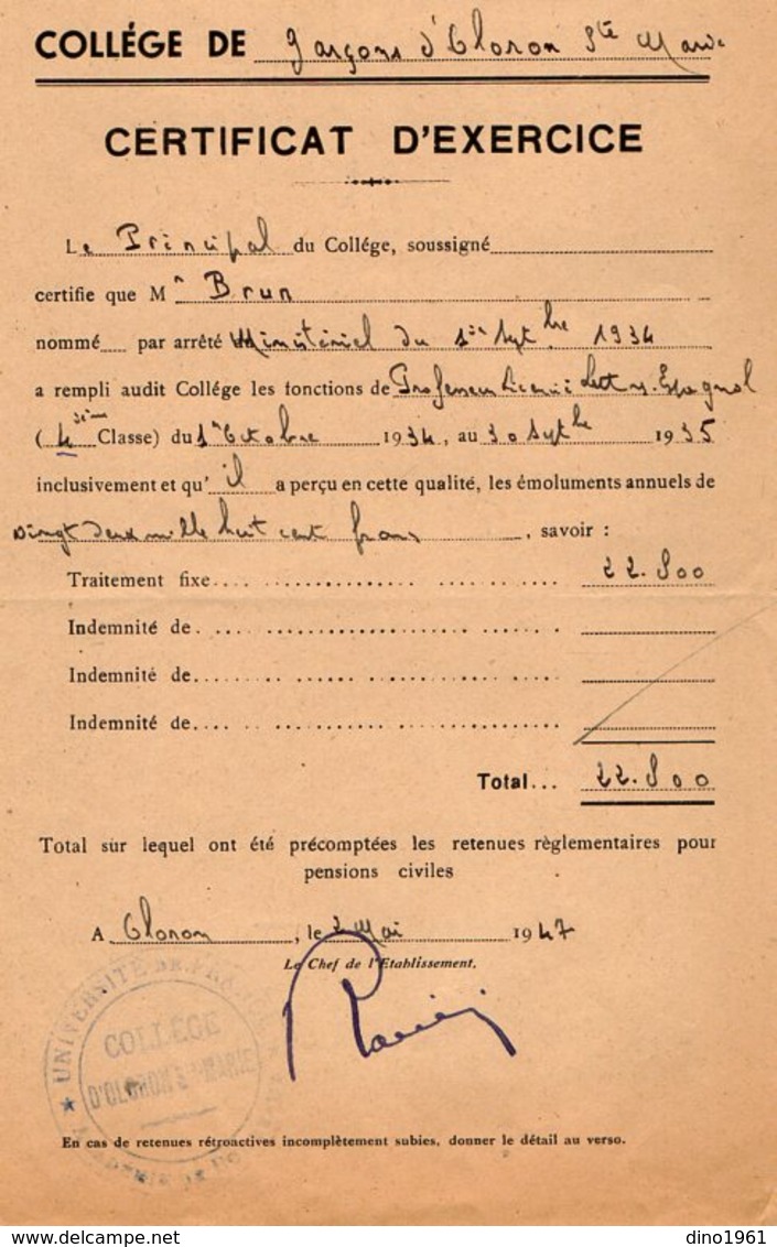 VP13.207 - 1947 - Certificat D'Exercice BRUN Professeur Au Collège De Garçons D'OLORON - Historische Documenten