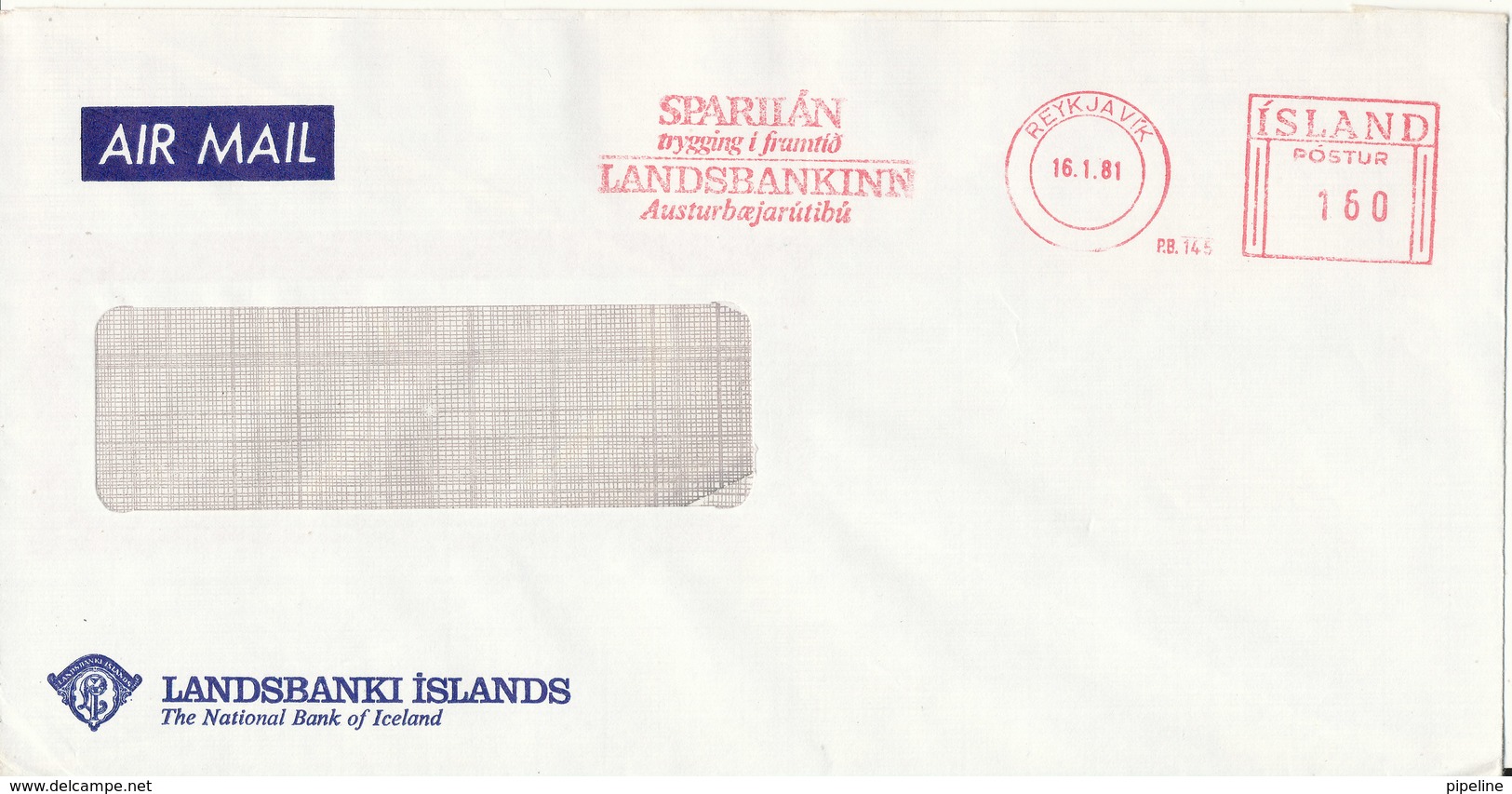 Iceland Bank Cover With Meter Cancel Reykjavik 16-1-1981 (Landsbanki Islands) - Briefe U. Dokumente