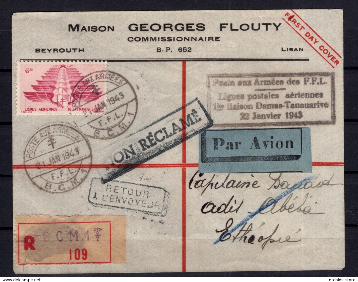 E11 - Lebanon 1943 (George Flouty) Scarce FFL FDC Sent Registered To Ethiopia And Returned To Beirut - Liban