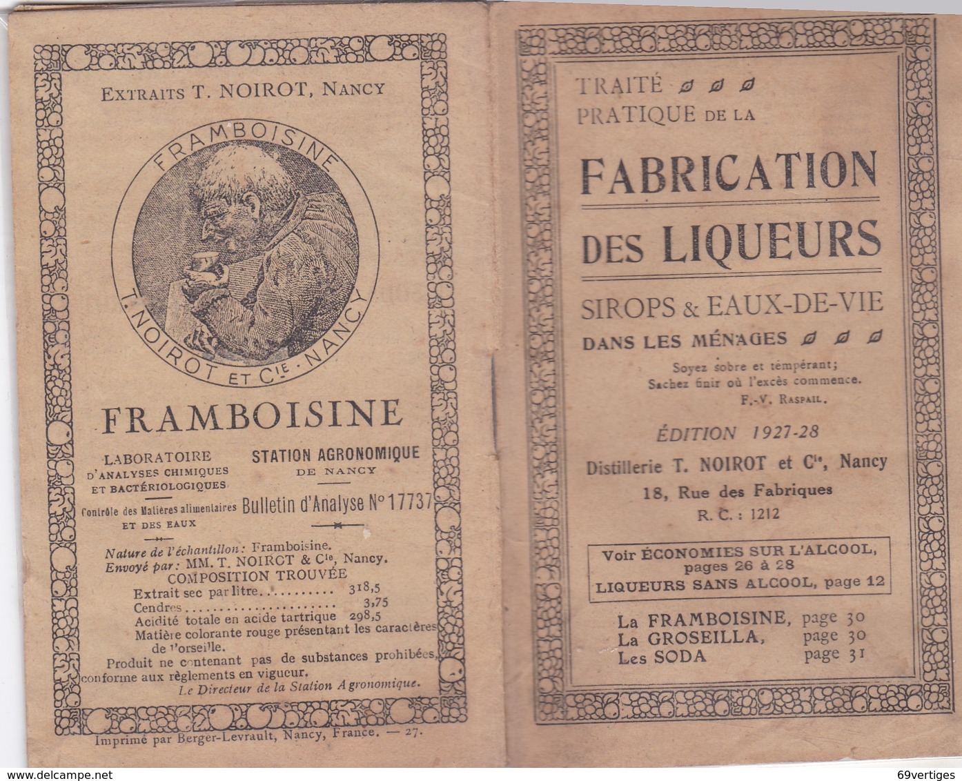 Distillerie NOIROT, Fabrication Des Liqueurs Sirops Et Eaux De Vie, édition 1927-28 - Autres & Non Classés