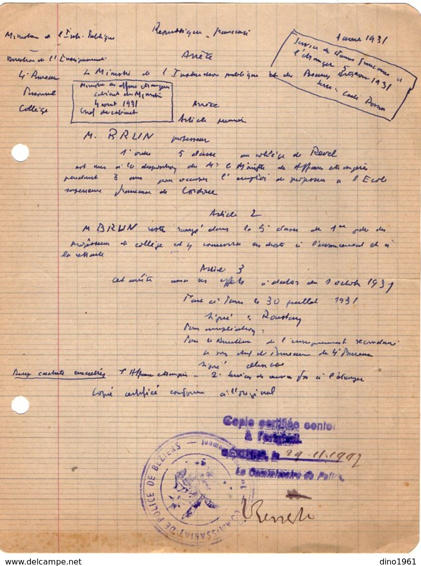 VP13.212 - Commissariat De Police De BEZIERS 1947 - Document Concernant Mr BRUN Professeur - Police & Gendarmerie