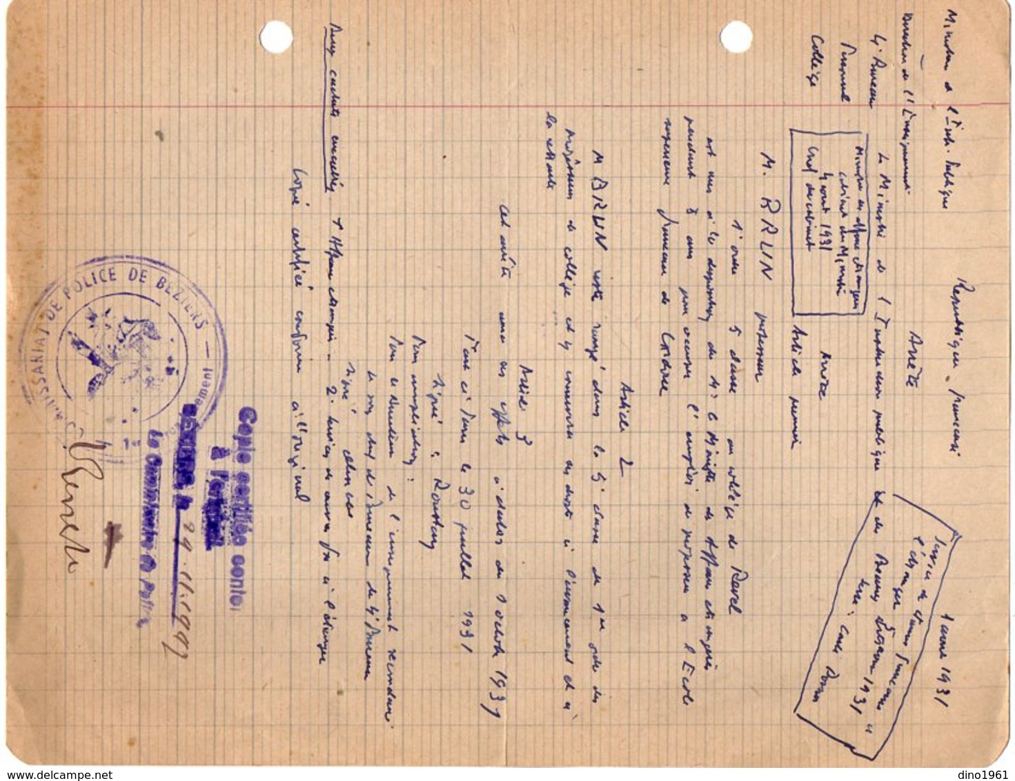 VP13.212 - Commissariat De Police De BEZIERS 1947 - Document Concernant Mr BRUN Professeur - Politie & Rijkswacht