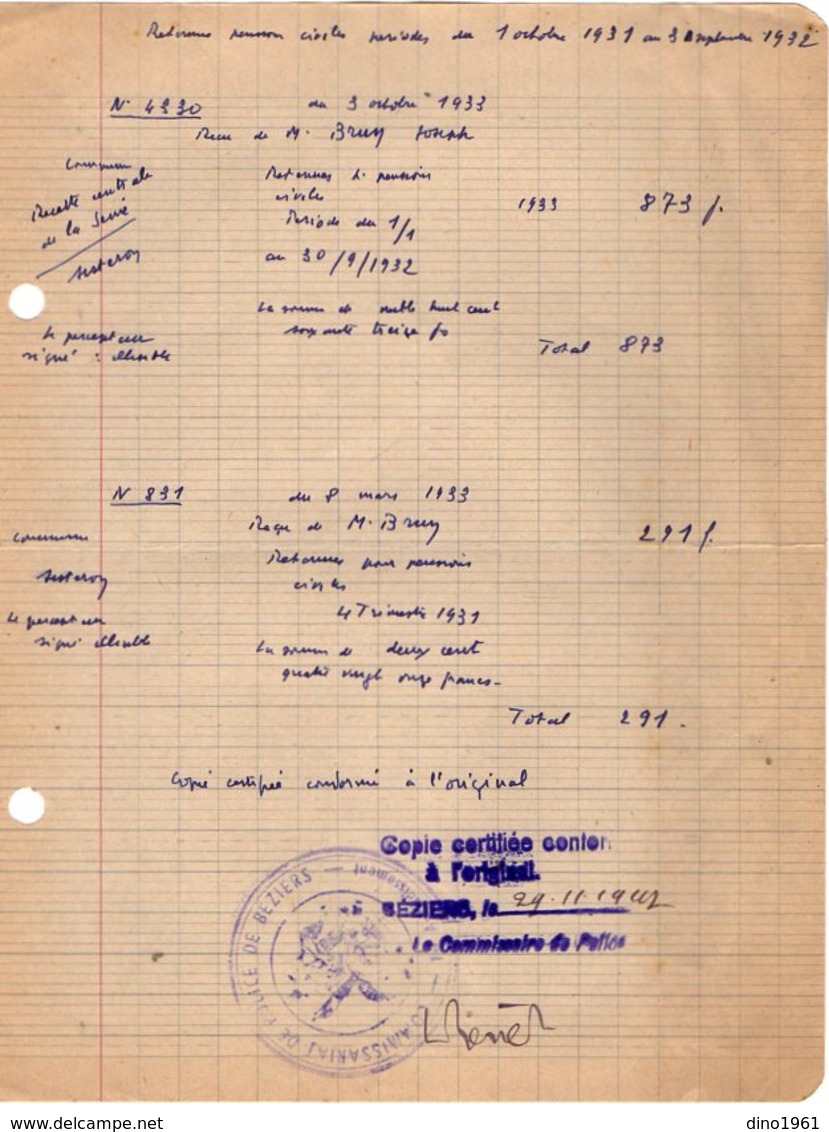 VP13.213 - Commissariat De Police De BEZIERS 1947 - Document Concernant Mr BRUN Professeur - Police