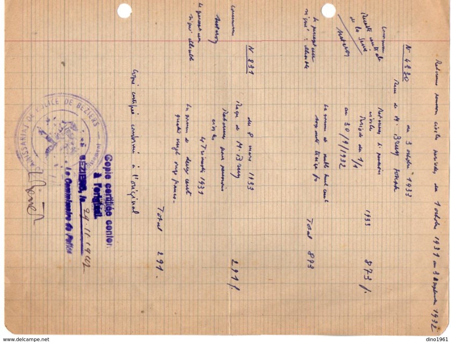 VP13.213 - Commissariat De Police De BEZIERS 1947 - Document Concernant Mr BRUN Professeur - Politie & Rijkswacht