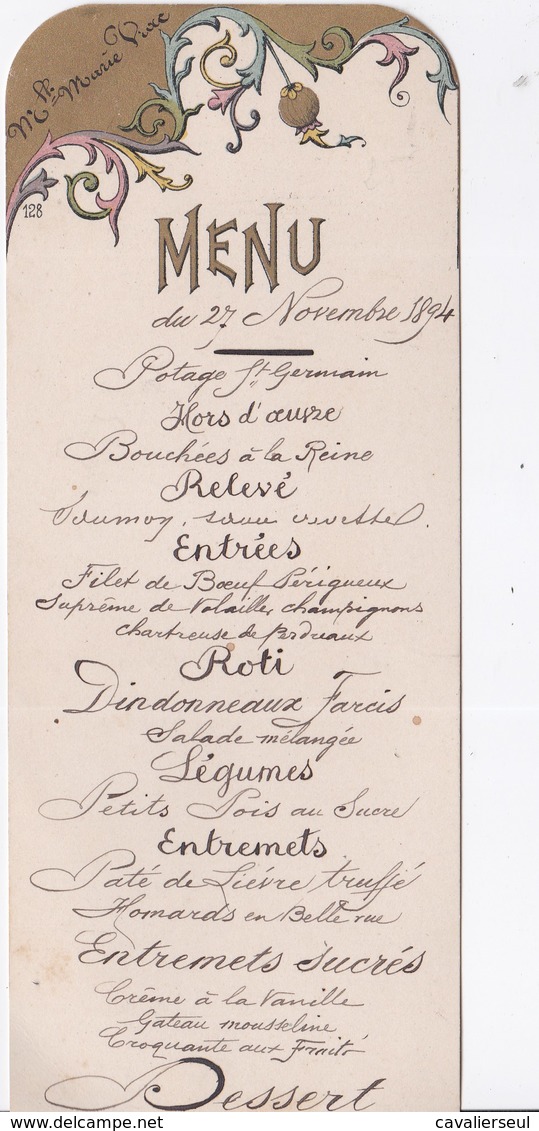 MENU - 27 NOVEMBRE 1894 - Menus