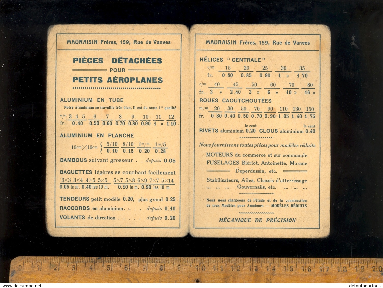 Extrait Tarif Type Carte De Visite : Pièces Pour L'aviation MAURAISIN Frères Constructeurs 159 Rue De Vanvres Paris - Transportmiddelen