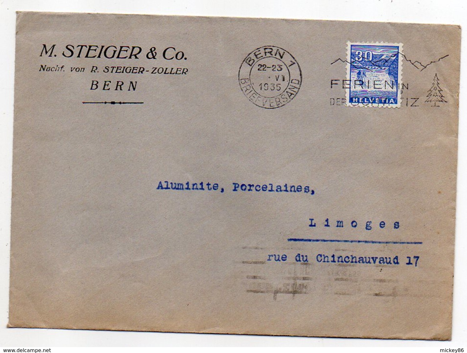 Suisse --1935--Lettre De BERNE   Pour LIMOGES (France) --cachets --enveloppe Personnalisée Steiger & Co - Storia Postale