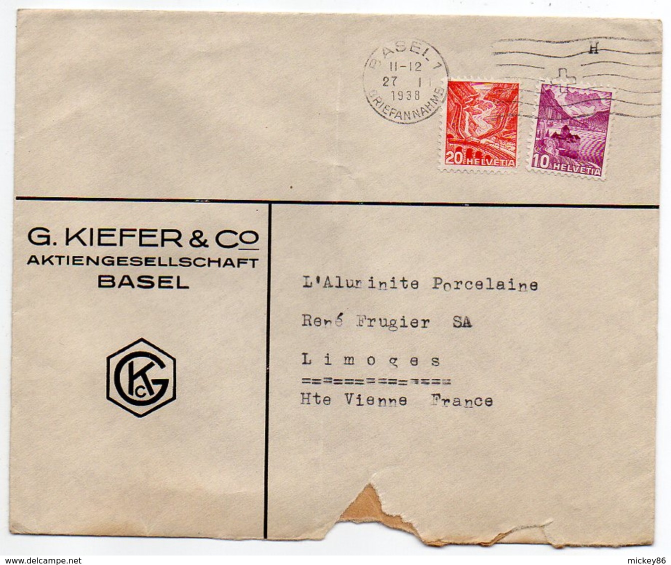 Suisse --1938--Lettre De BERNE   Pour LIMOGES (France) --cachets --enveloppe Personnalisée  Kiefer & Co - Lettres & Documents