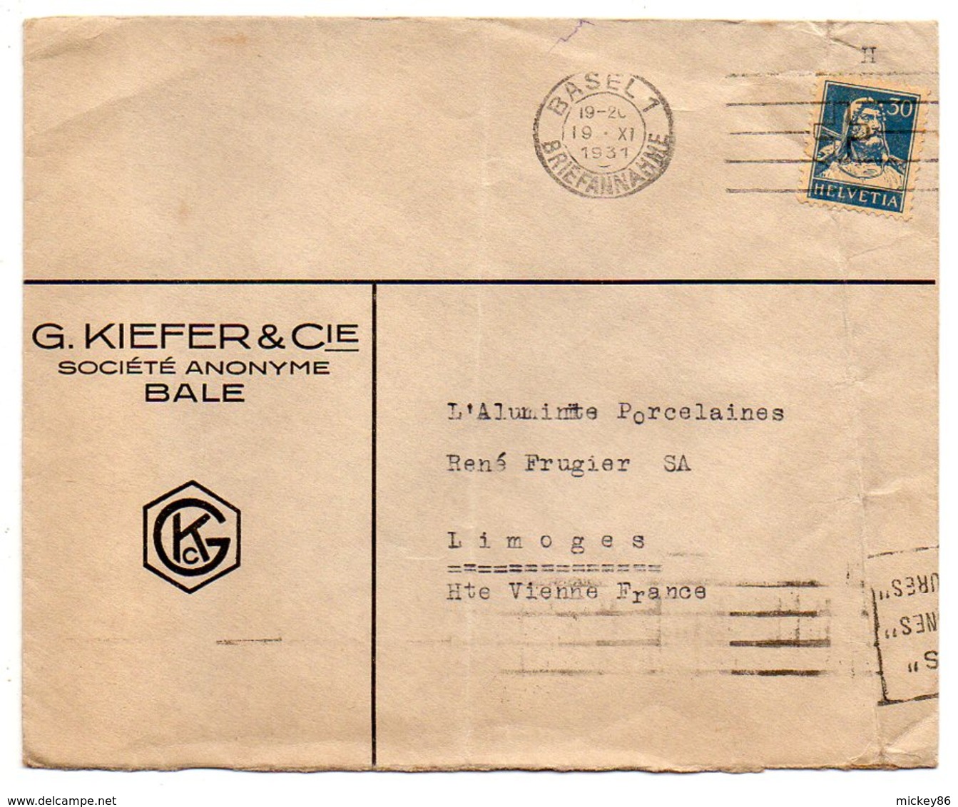 Suisse --1931--Lettre De BERNE   Pour LIMOGES (France) --cachets --enveloppe Personnalisée  Kiefer & Co - Cartas & Documentos