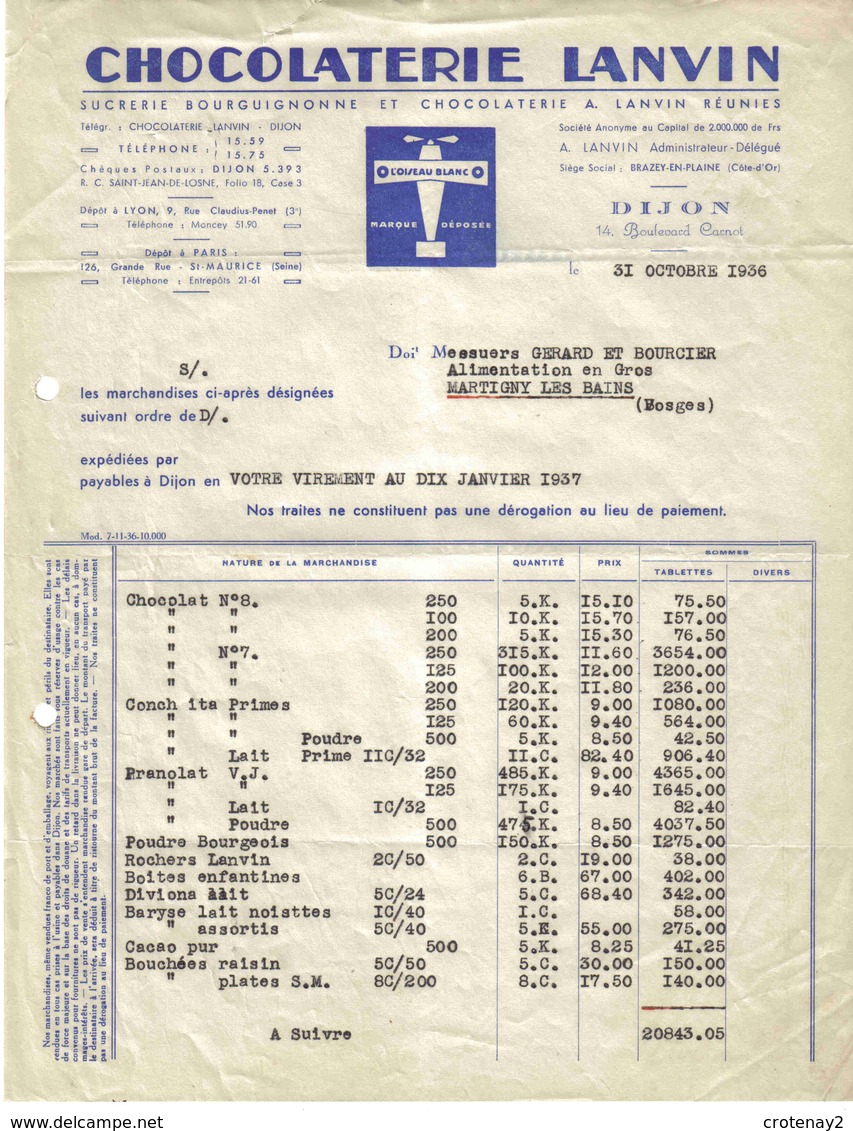 Facture CHOCOLAT LANVIN L'Oiseau Blanc 14 Bd Carnot à DIJON Du 31 Octobre 1936 Siège Social à Brazey En Plaine - Alimentaire