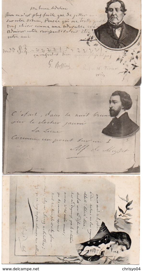 86Dm Lot De 3 Cpa Hommes Celebres Et Leur écrits Rossini, Rouget De Lisle Et Alfred De Musset - Altri & Non Classificati