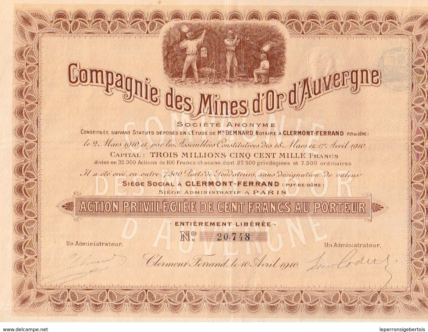 Ancienne Action - Compagnie Des Mines D'Or D'Auvergne - Titre De 1910 - N°20748 - - Miniere
