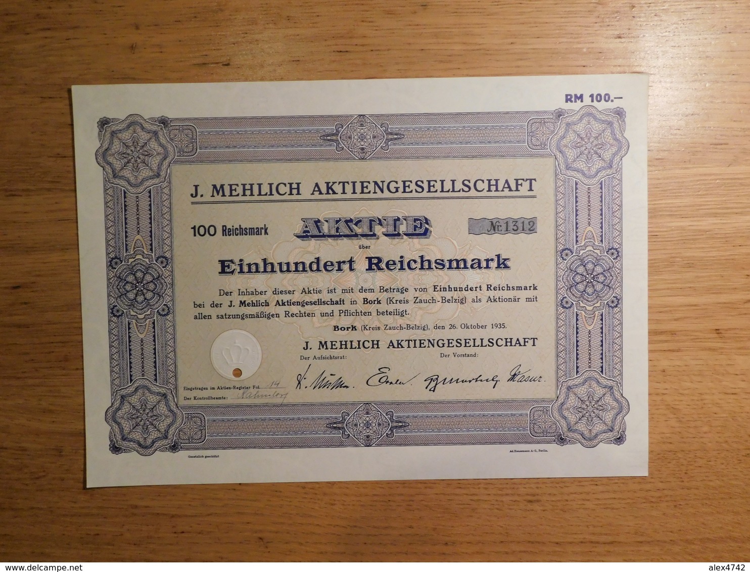 J. Mehlich Aktiengesellschaft, 100 Reichsmark Aktie, Einhundert Reichsmark (Box1) - Andere & Zonder Classificatie