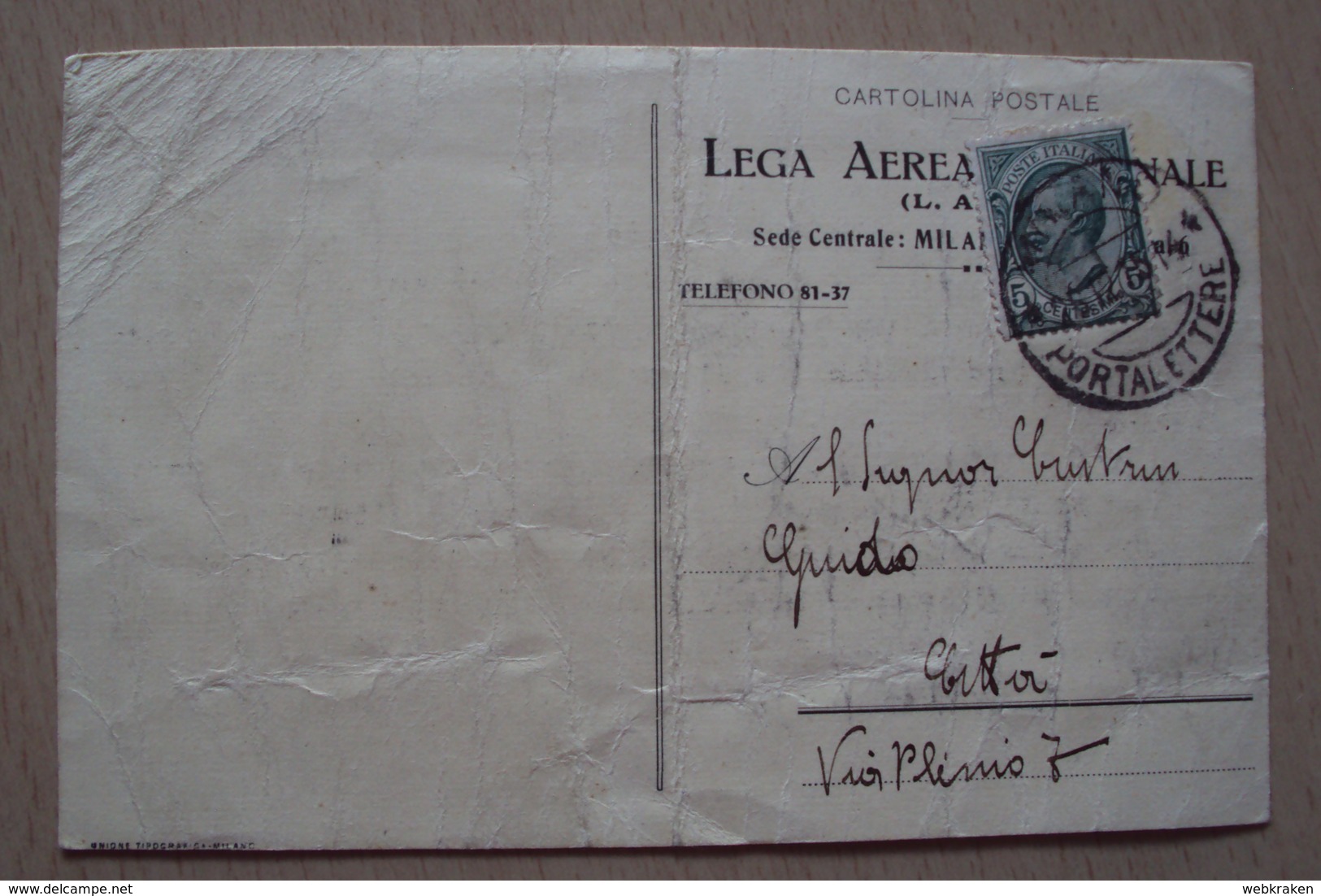 STORIA POSTALE CARTOLINA INTESTATA LEGA AEREA NAZIONALE DI MILANO 1915 PER AVIATORE CUSTRIN GUIDO - Marcophilia