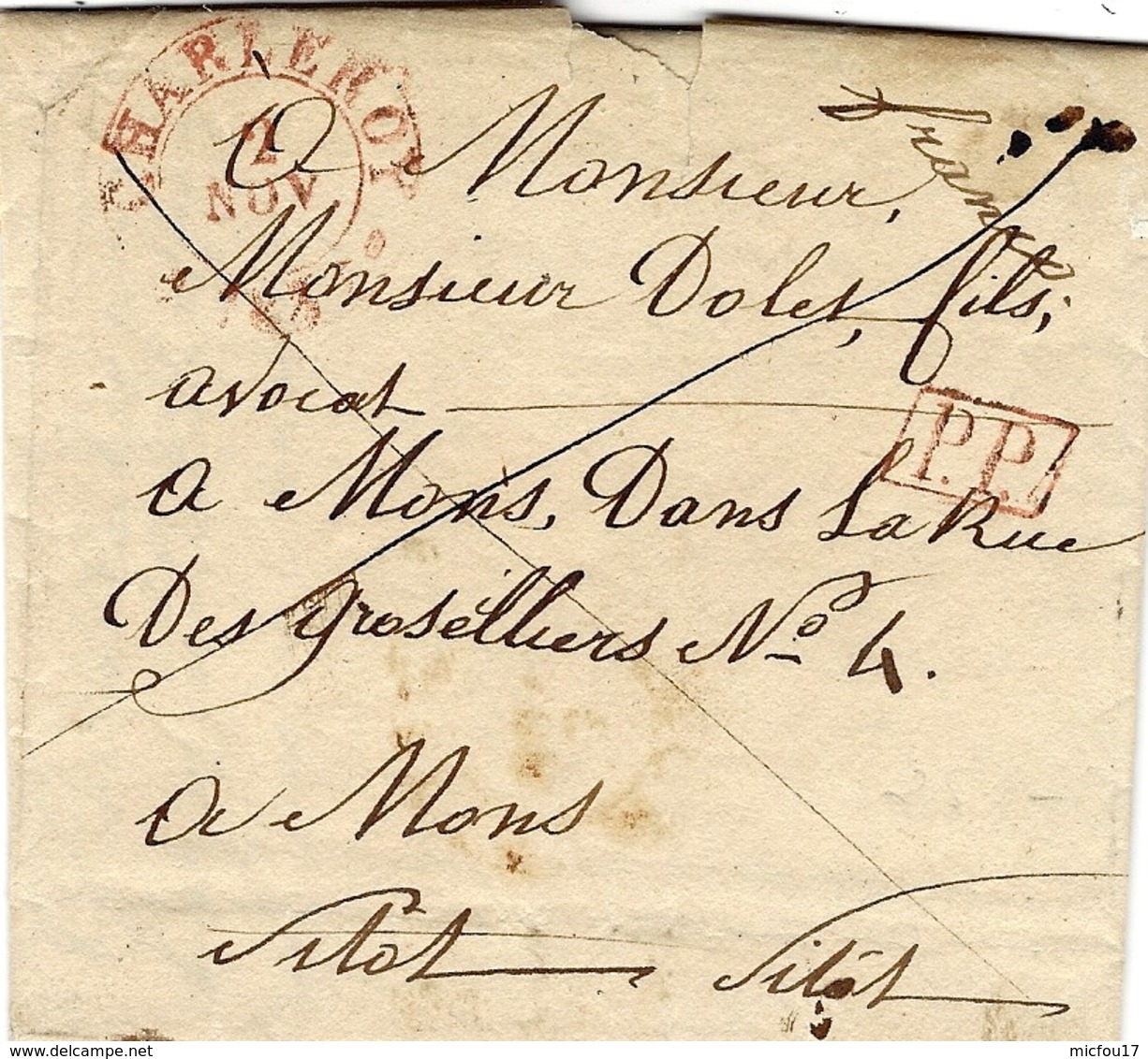 1833- Lettre En P.P. De CHARLEROI Pour Mons   " Franco " - 1830-1849 (Onafhankelijk België)