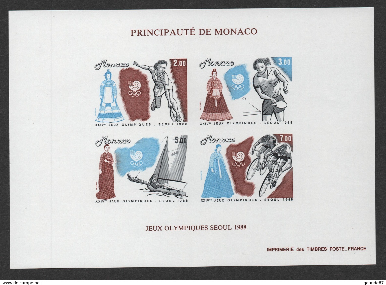 MONACO JEUX OLYMPIQUES SEOUL 1988 - BF BLOC FEUILLET NON DENTELE - N° 42 A ** MNH - COTE 350 EUR - Blocs