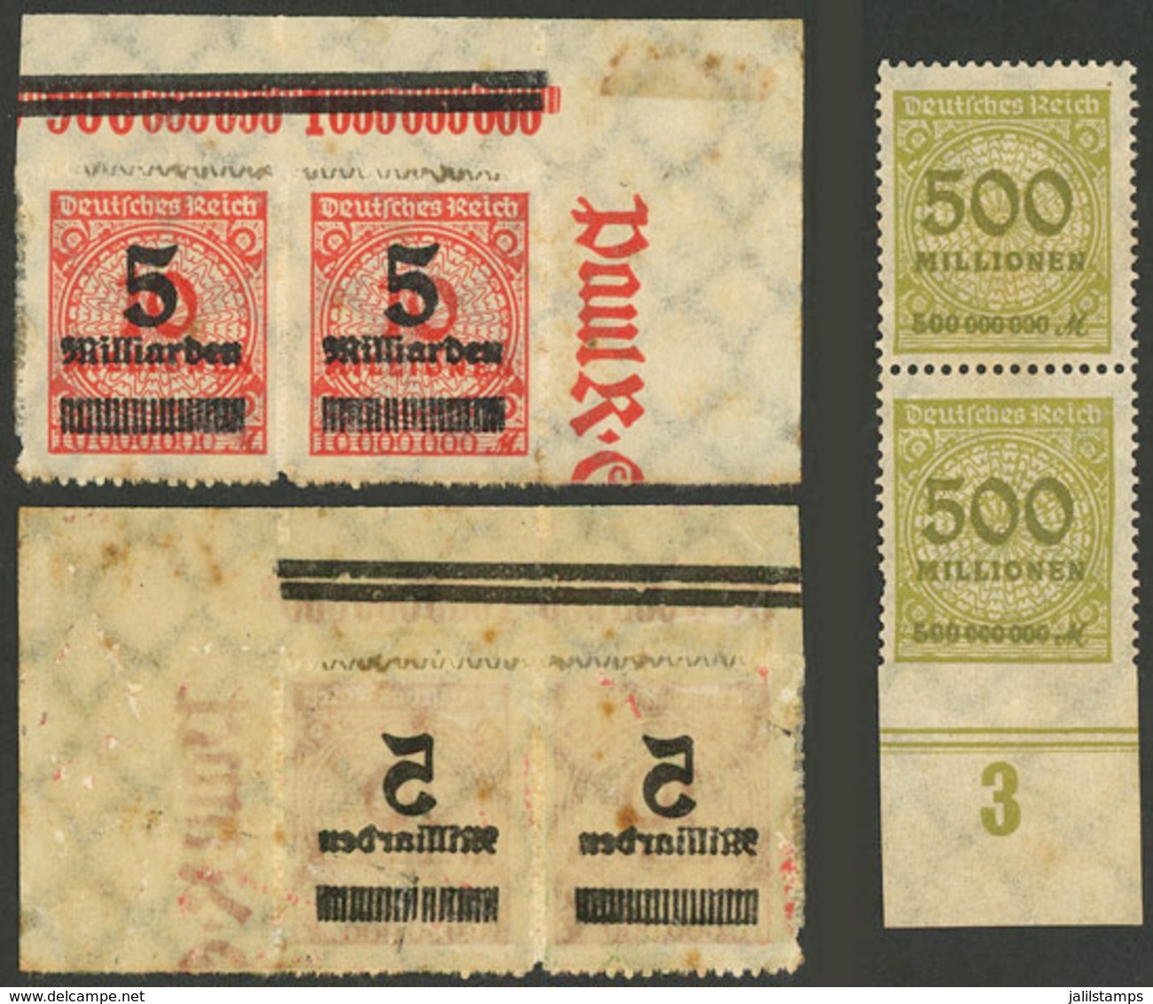 GERMANY: 2 Pairs Of INFLA Stamps With Varieties: Offset Impression Of The Overprint On Back And Imperforate At Bottom, M - Unused Stamps