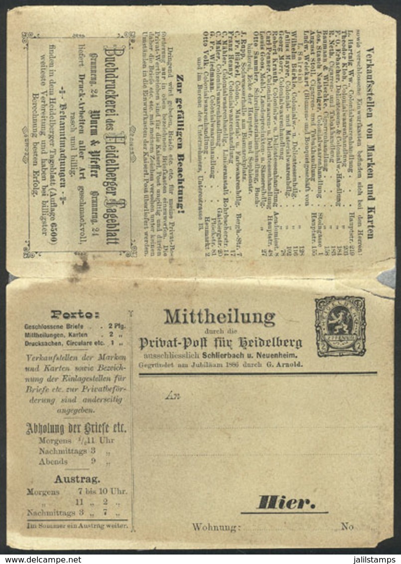 GERMANY: PRIVATE POSTS: Double Postal Card Of 2Pf. Heidelberg, With Printed Advertising, With Defects But Very Interesti - Autres & Non Classés