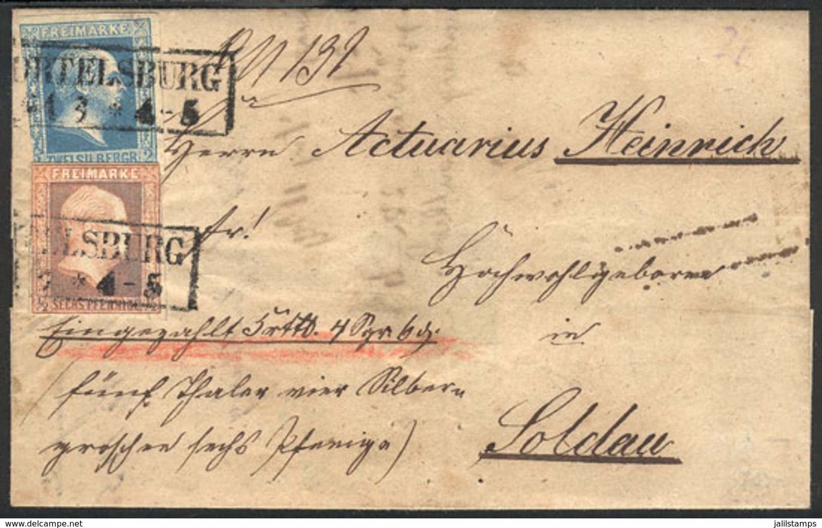 GERMANY: Folded Cover Sent From Ortelsburg To Soldau On 29/MAR/1860, Franked With Prussia Stamps Sc.2 + 7, Very Fine And - Lettres & Documents