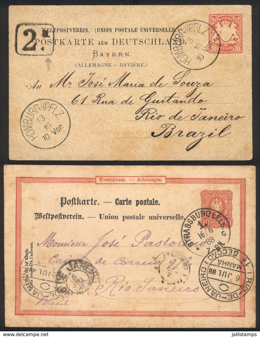 GERMANY: 2 Postal Cards Of 10Pf. Sent To Rio De Janeiro From Homburg And Strassburg In 1881 And 1888, Respectively, VF Q - Storia Postale