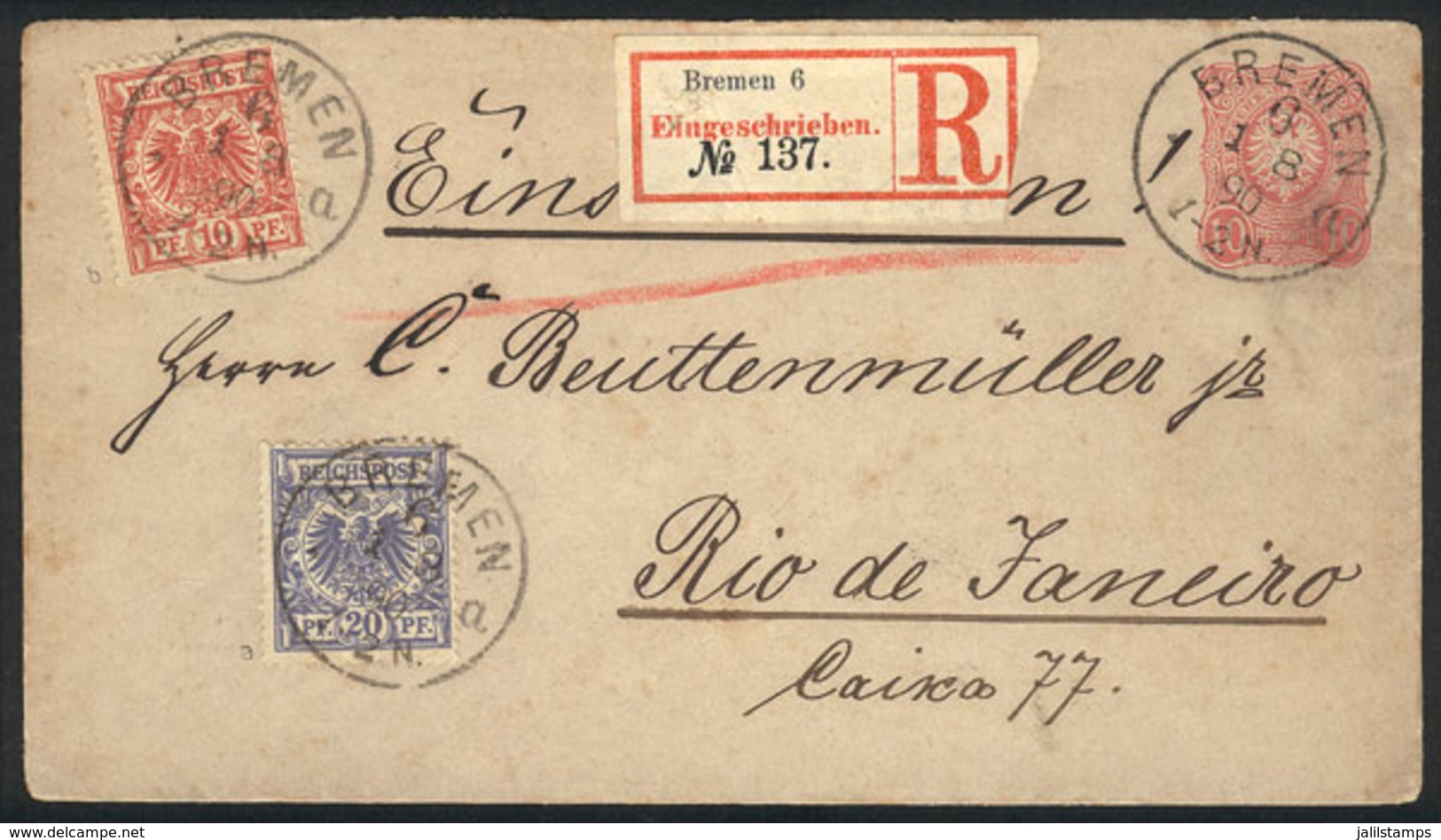 GERMANY: 10Pf. Stationery Envelope + Additional Postage (total 40Pf.), Sent From Bremen To Rio De Janeiro On 1/AU/1890 B - Storia Postale