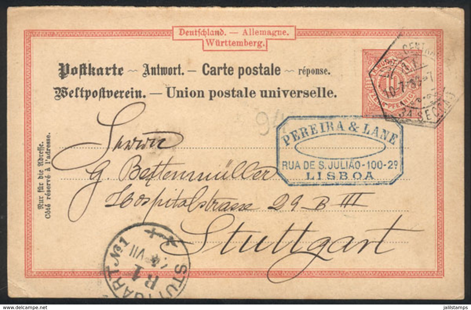 GERMANY: REPLY PAID Postal Card Sent From Lisboa To Stuttgart On 10/JUL/1900, VF Quality! - Lettres & Documents