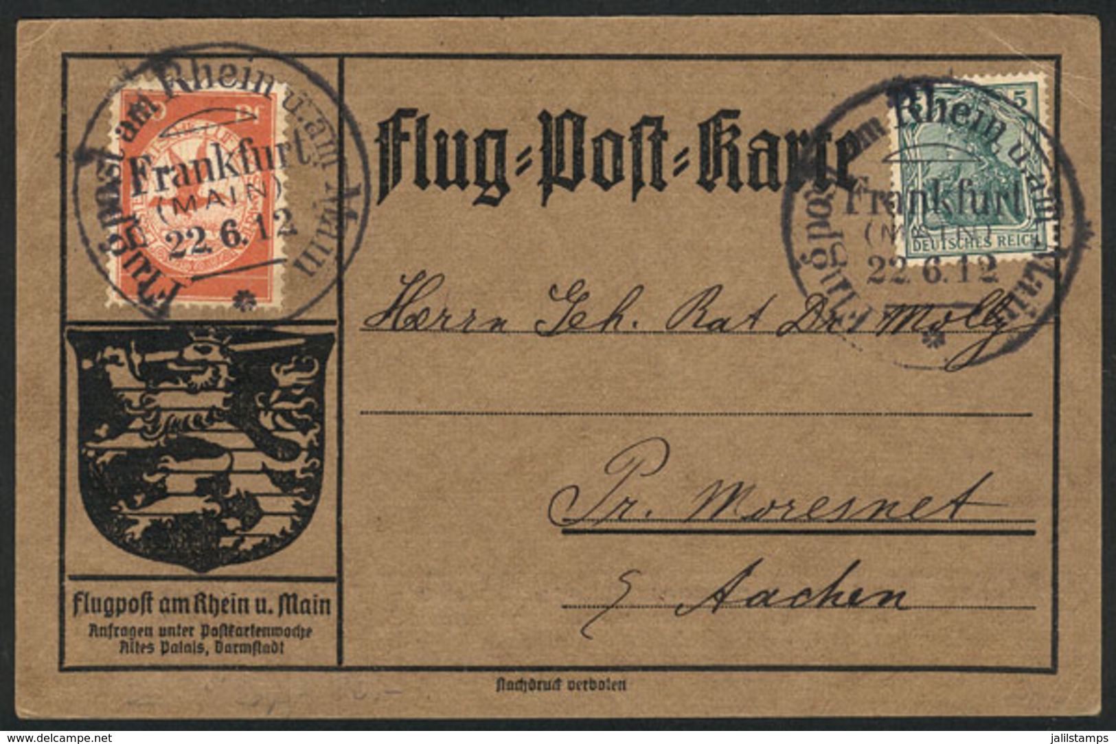 GERMANY: Card Carried On The Special Flight Of 14/JUN/1912, VF Quality! - Lettres & Documents