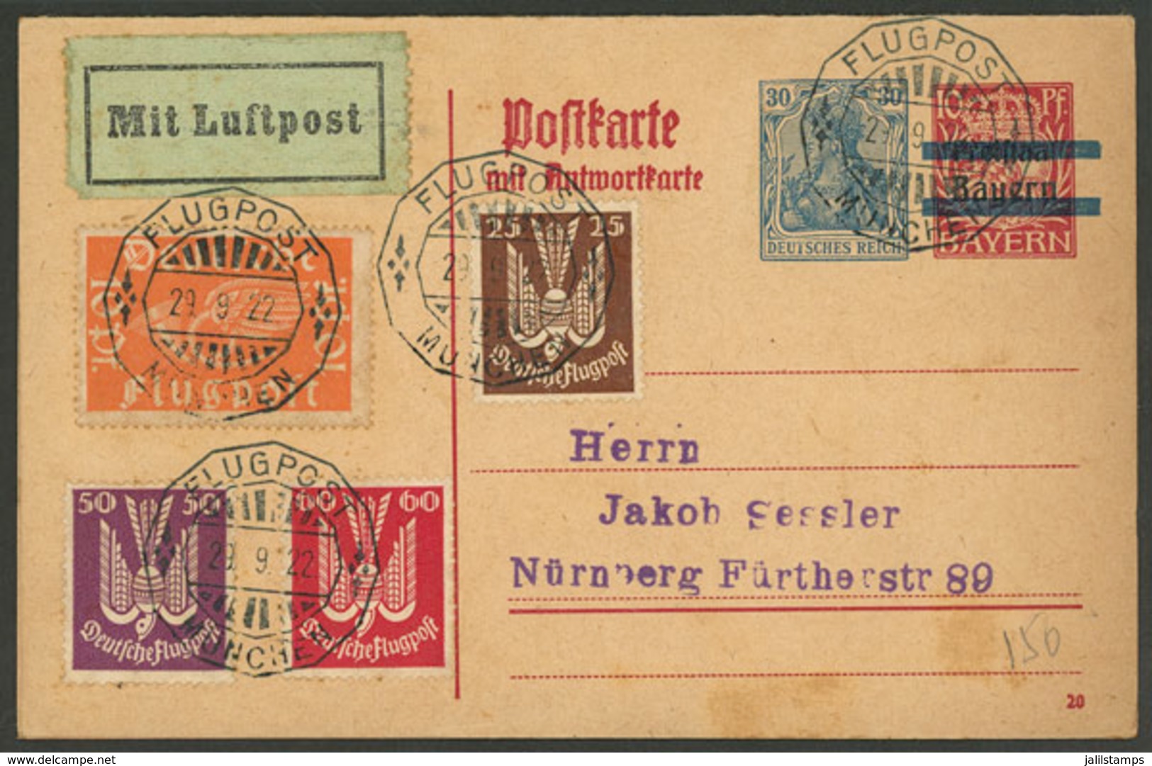 GERMANY: Postal Card With Paid Reply Attached, Flown From München To Nürnberg On 29/SE/1922 (without Arrival Backstamp), - Lettres & Documents