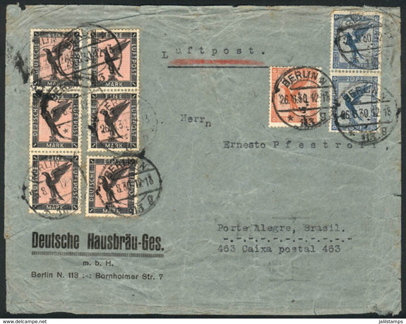 GERMANY: Airmail Cover Sent From Berlin To Porto Alegre (Brazil) On 26/AU/1930 By AIR FRANCE Franked With 6.90Mk., With  - Lettres & Documents