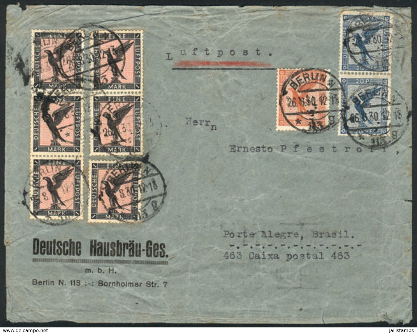 GERMANY: Airmail Cover Sent From Berlin To Porto Alegre (Brazil) On 26/AU/1930 By AIR FRANCE Franked With 6.90Mk., With  - Storia Postale