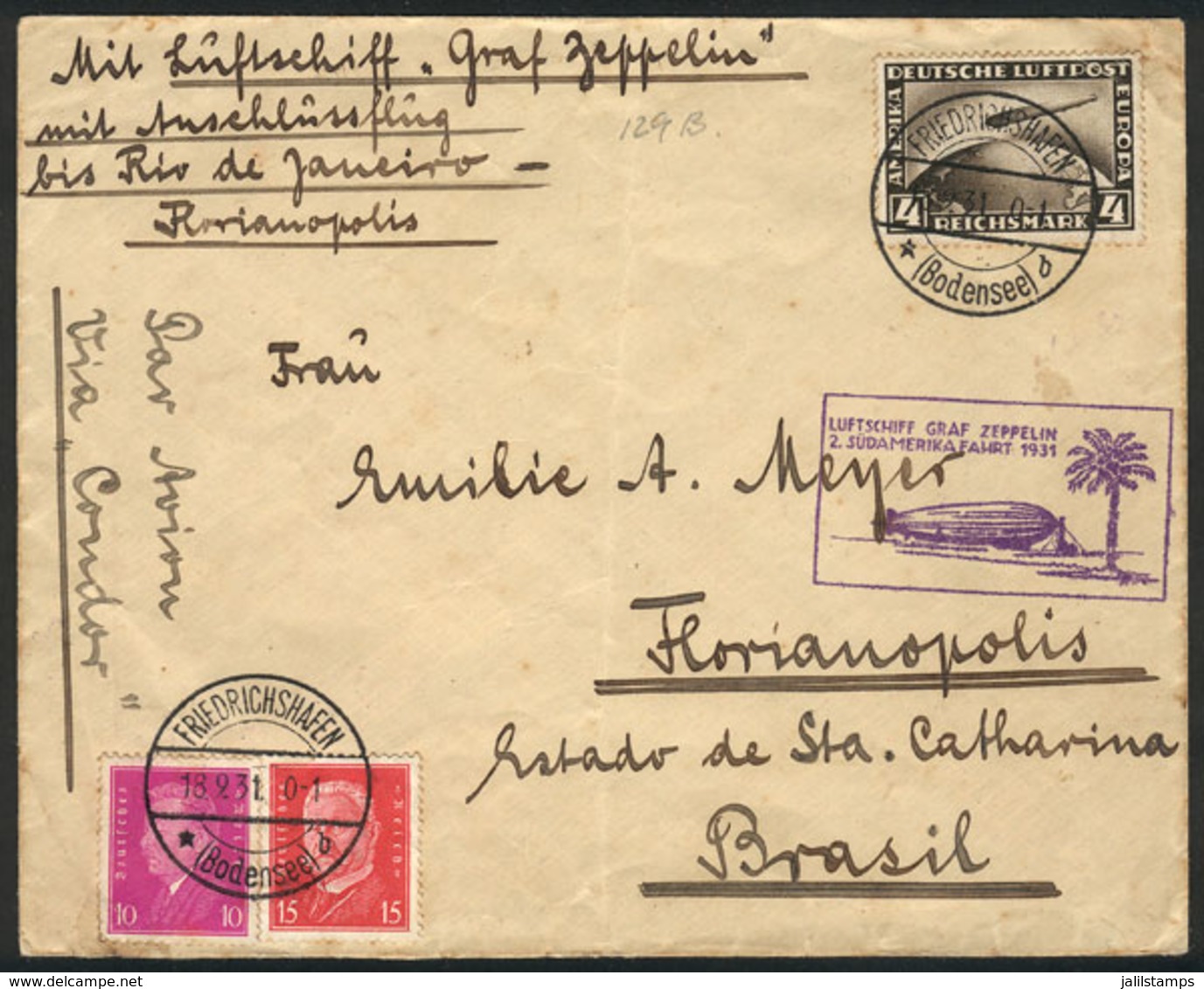 GERMANY: Cover Flown By ZEPPELIN, Sent From Friedrichshafen To Florianopolis (Brazil) On 18/SE/1931 Franked With 4.25Mk. - Lettres & Documents