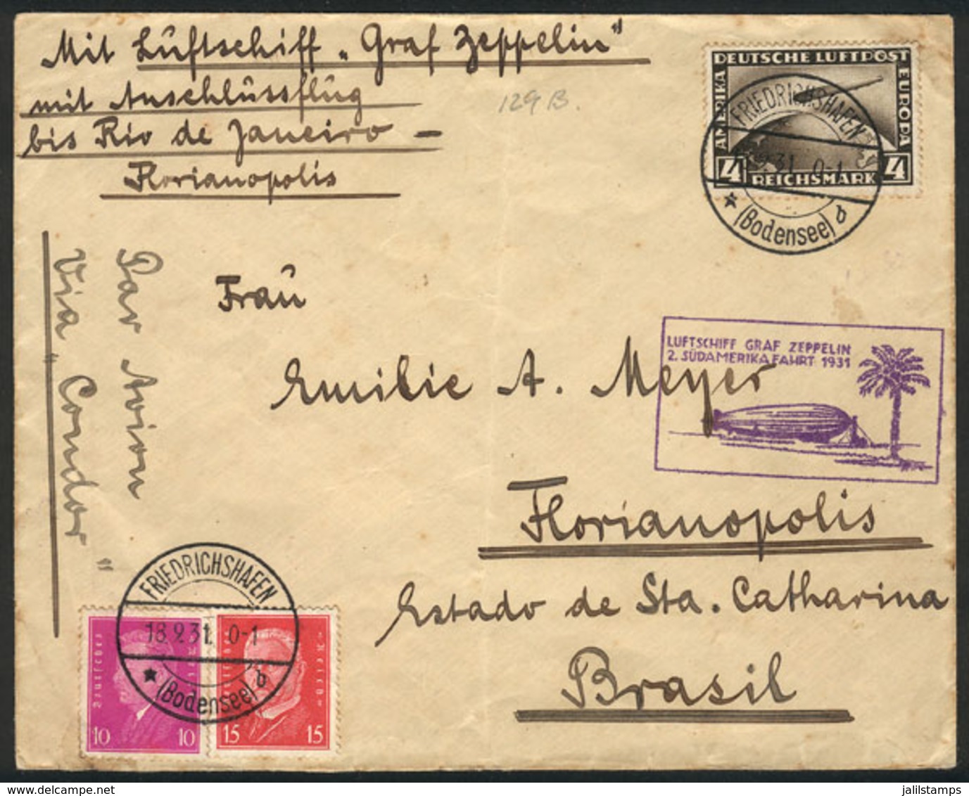 GERMANY: Cover Flown By ZEPPELIN, Sent From Friedrichshafen To Florianopolis (Brazil) On 18/SE/1931 Franked With 4.25Mk. - Brieven En Documenten