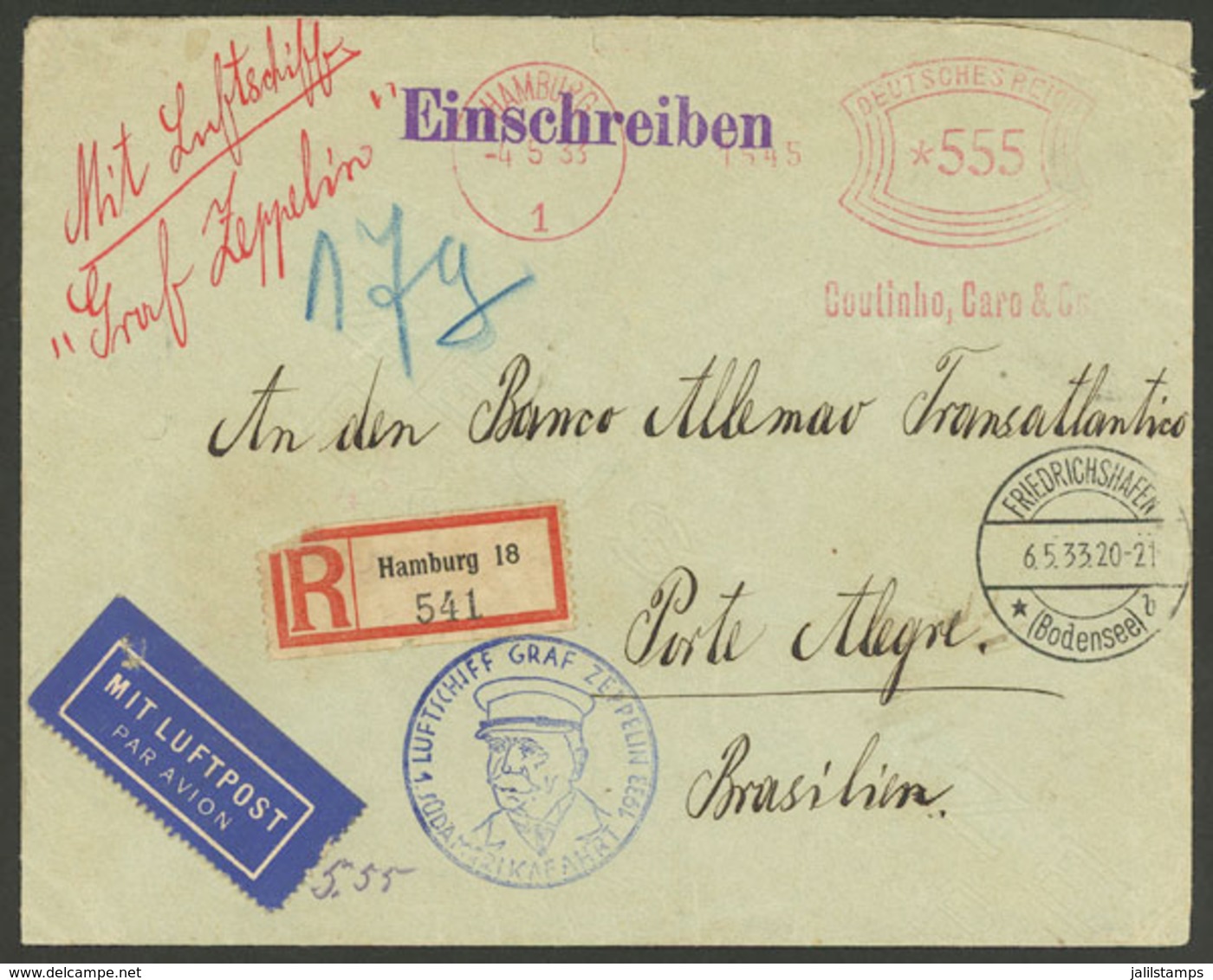 GERMANY: 4/MAY/1933 Hamburg - Porto Alegre (Brazil): Registered Cover Flown By Zeppelin, With Meter Postage For 5.55Mk., - Lettres & Documents