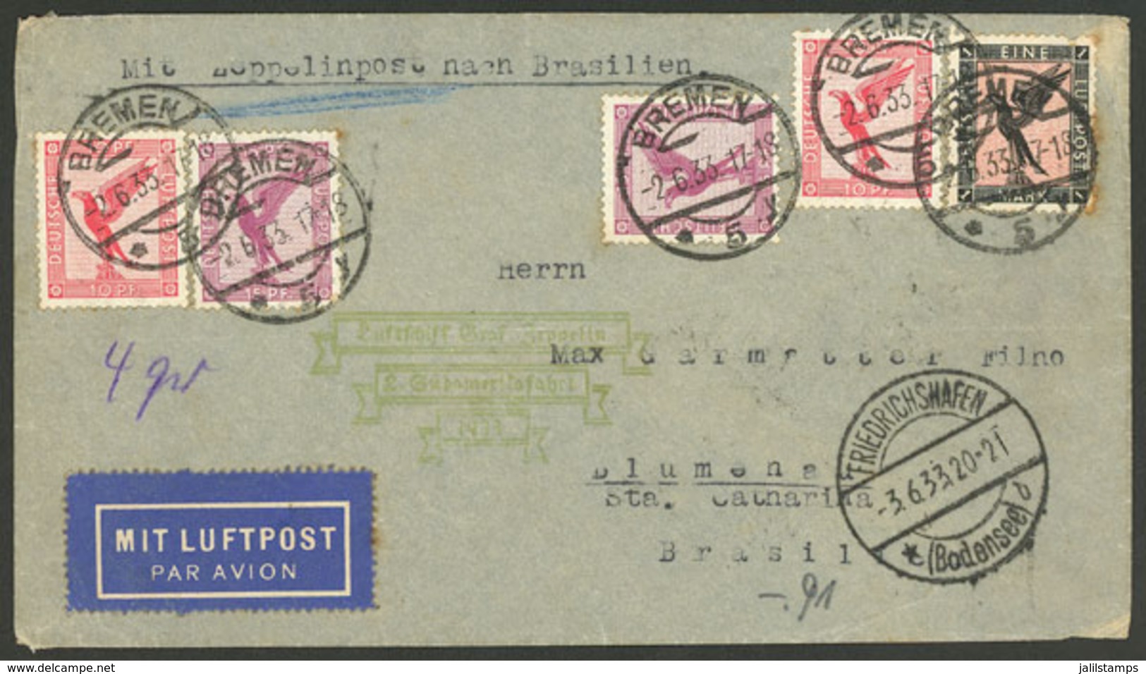 GERMANY: 2/JUN/1933 Bremen - Blumenau(Brazil): Airmail Cover Flown By Zeppelin, With Transit Mark Of Friedrichshafen For - Lettres & Documents