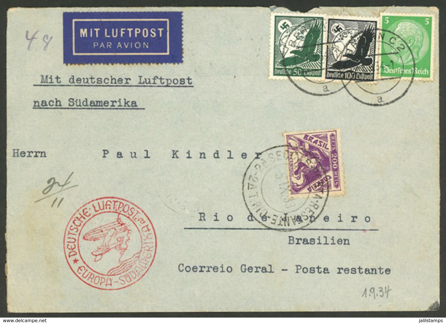 GERMANY: MIXED POSTAGE: Airmail Cover Sent From Berlin To Rio De Janeiro (Poste Restante) On 1/SE/1933, With German Post - Storia Postale