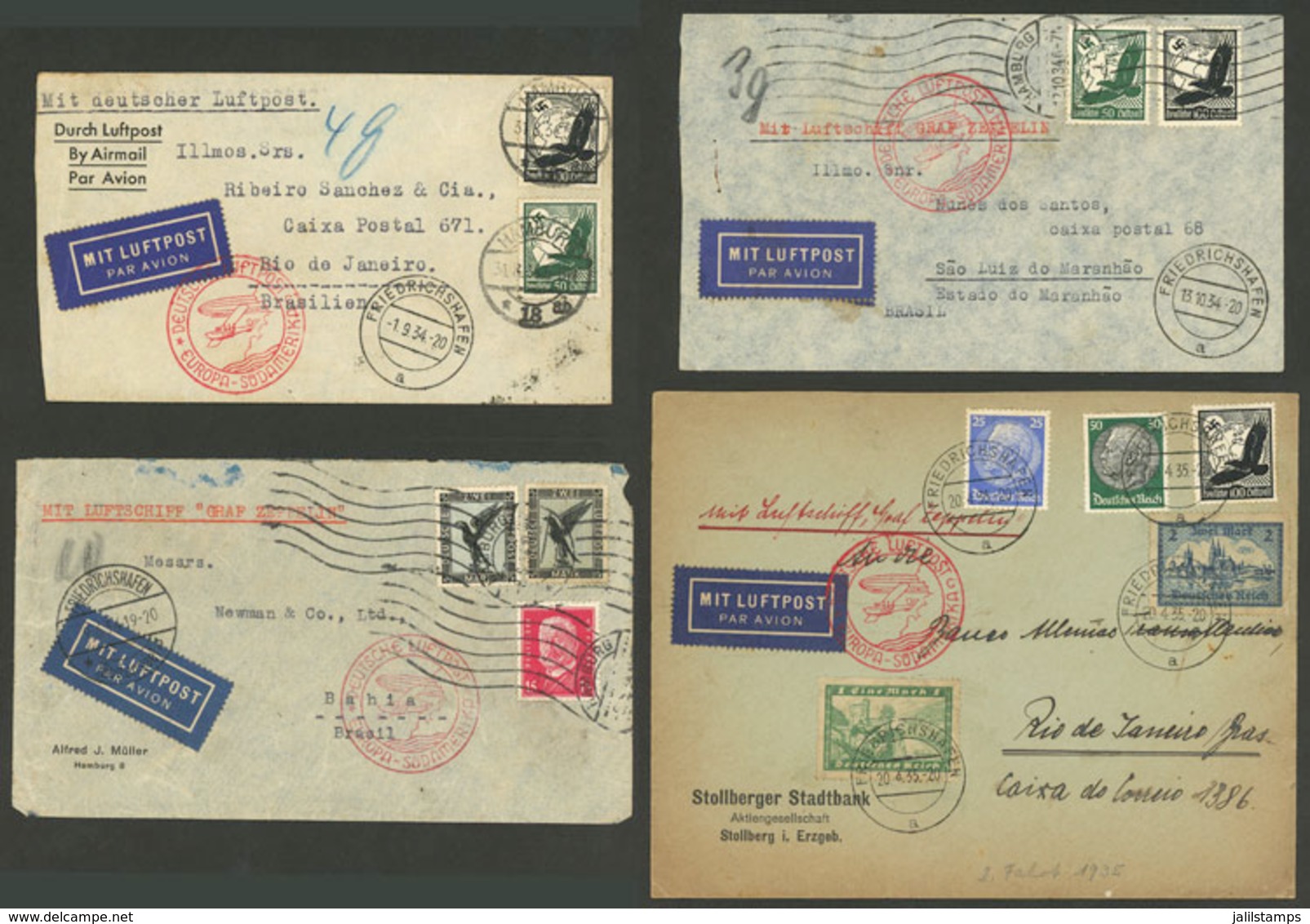 GERMANY: ZEPPELIN: 4 Covers Flown By Zeppelin To Brazil Between 1934 And 1935, Interesting! - Lettres & Documents