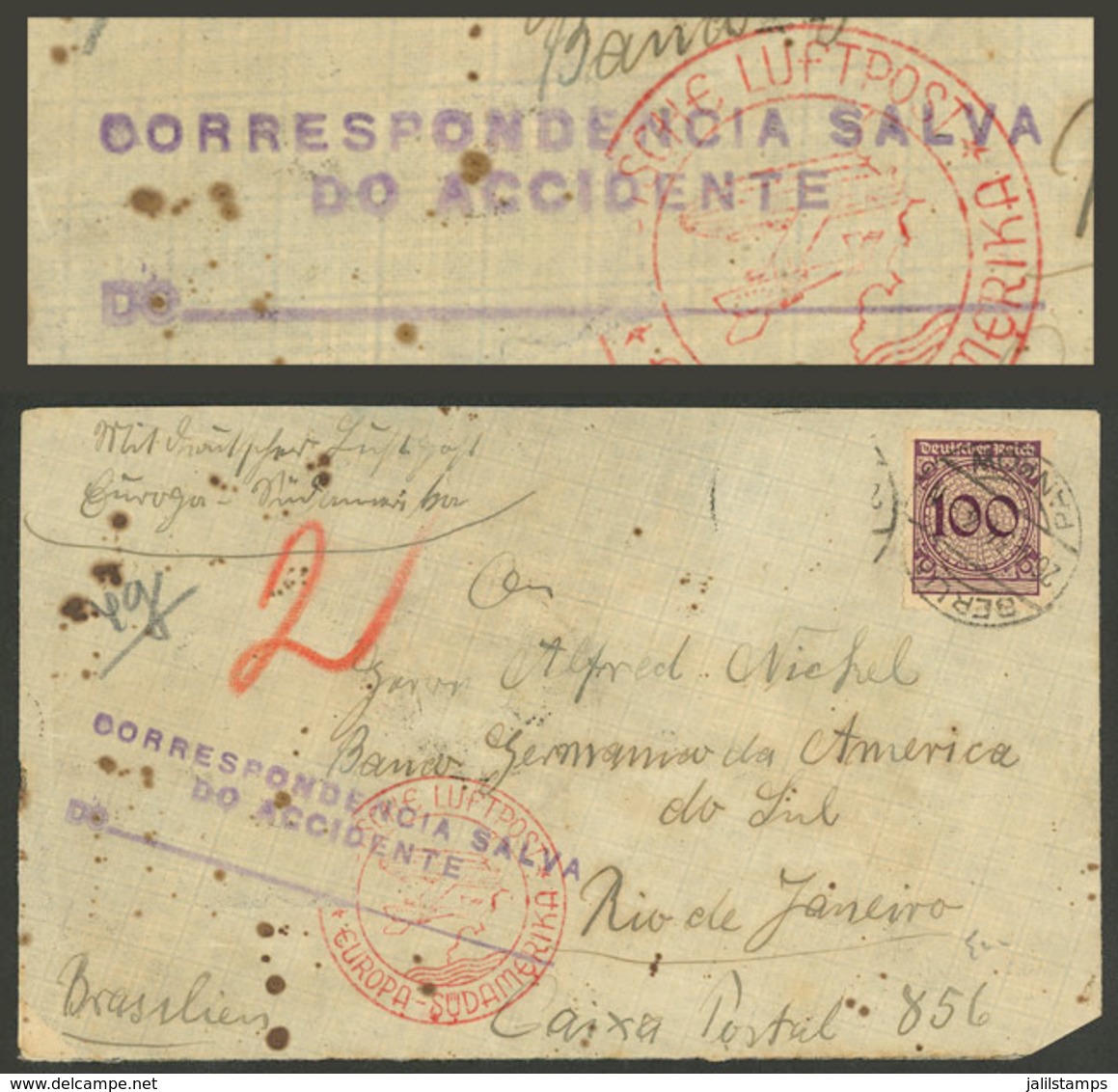 GERMANY: PLANE CRASH: Airmail Cover Sent From Berlin To Rio De Janeiro On 26/AP/1934, Carried By Airplane Dornier ""Tapa - Lettres & Documents