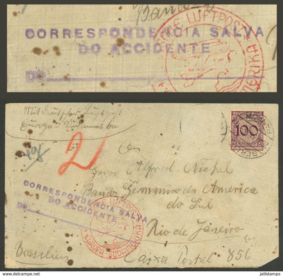 GERMANY: PLANE CRASH: Airmail Cover Sent From Berlin To Rio De Janeiro On 26/AP/1934, Carried By Airplane Dornier ""Tapa - Storia Postale