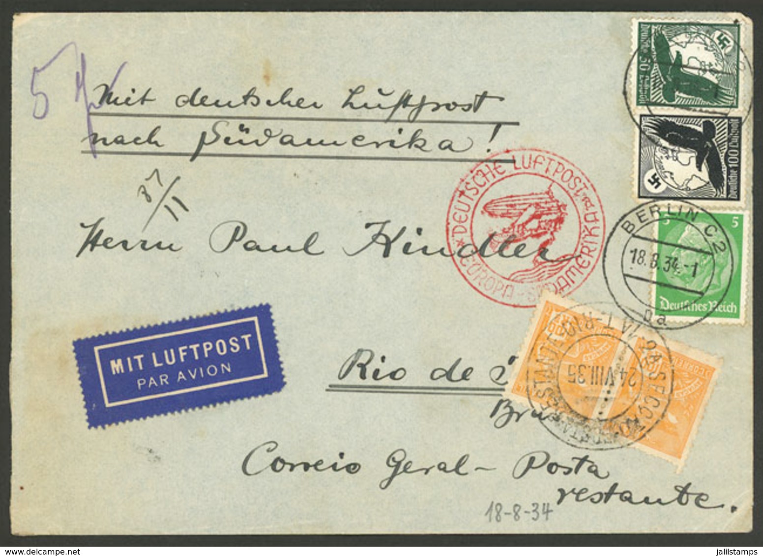 GERMANY: MIXED POSTAGE: Airmail Cover Sent From Berlin To Rio De Janeiro (Poste Restante) On 18/AU/1934, With German Pos - Lettres & Documents