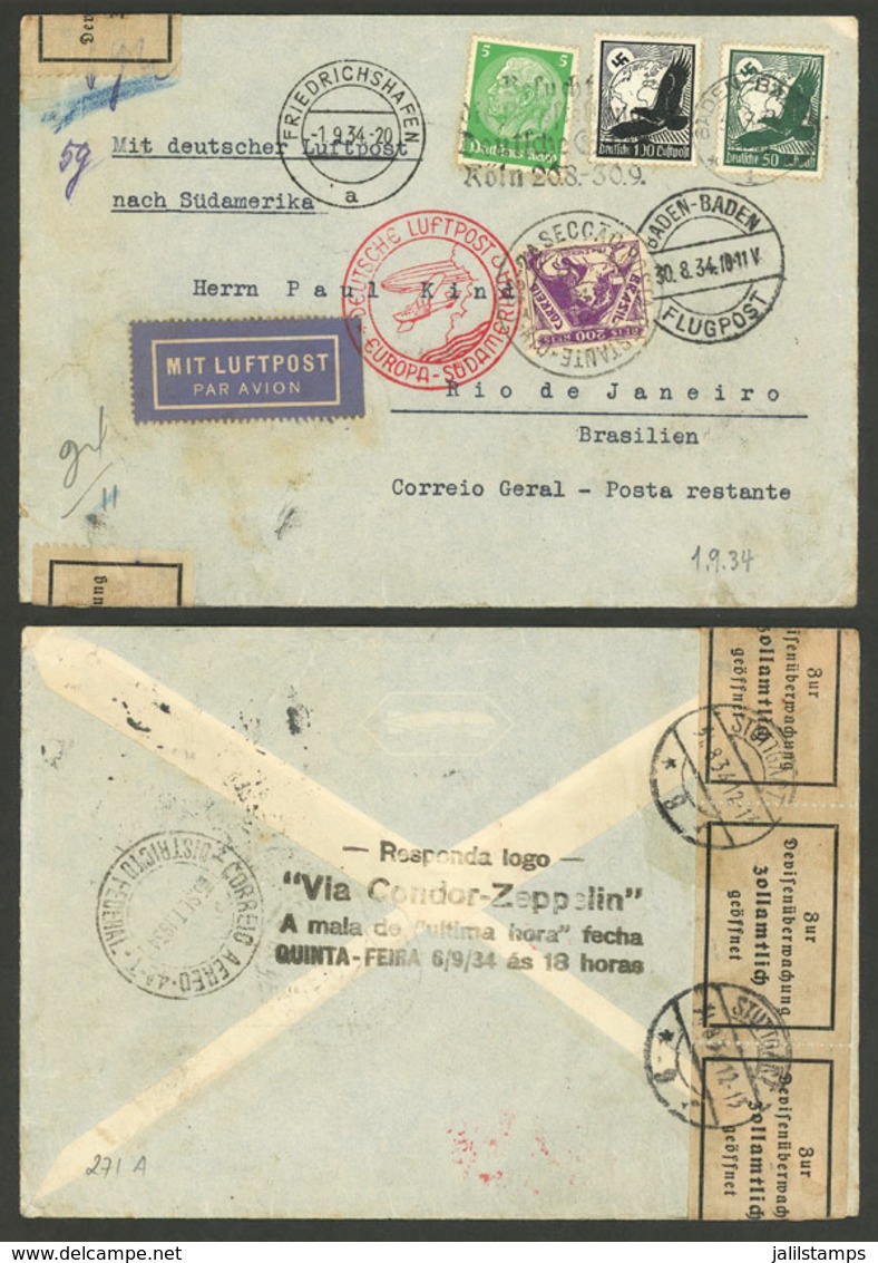 GERMANY: ZEPPELIN FLIGHT WITH MIXED POSTAGE: Airmail Cover Sent From Baden-Baden To Rio De Janeiro (Poste Restante) On 3 - Covers & Documents