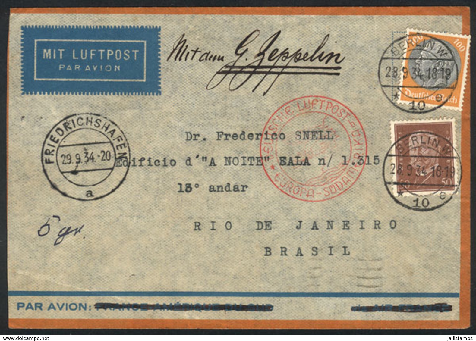 GERMANY: Cover Flown By ZEPPELIN, Sent From Berlin To Rio De Janeiro On 28/SE/1934, With Friedrichshafen Transit Mark Of - Storia Postale