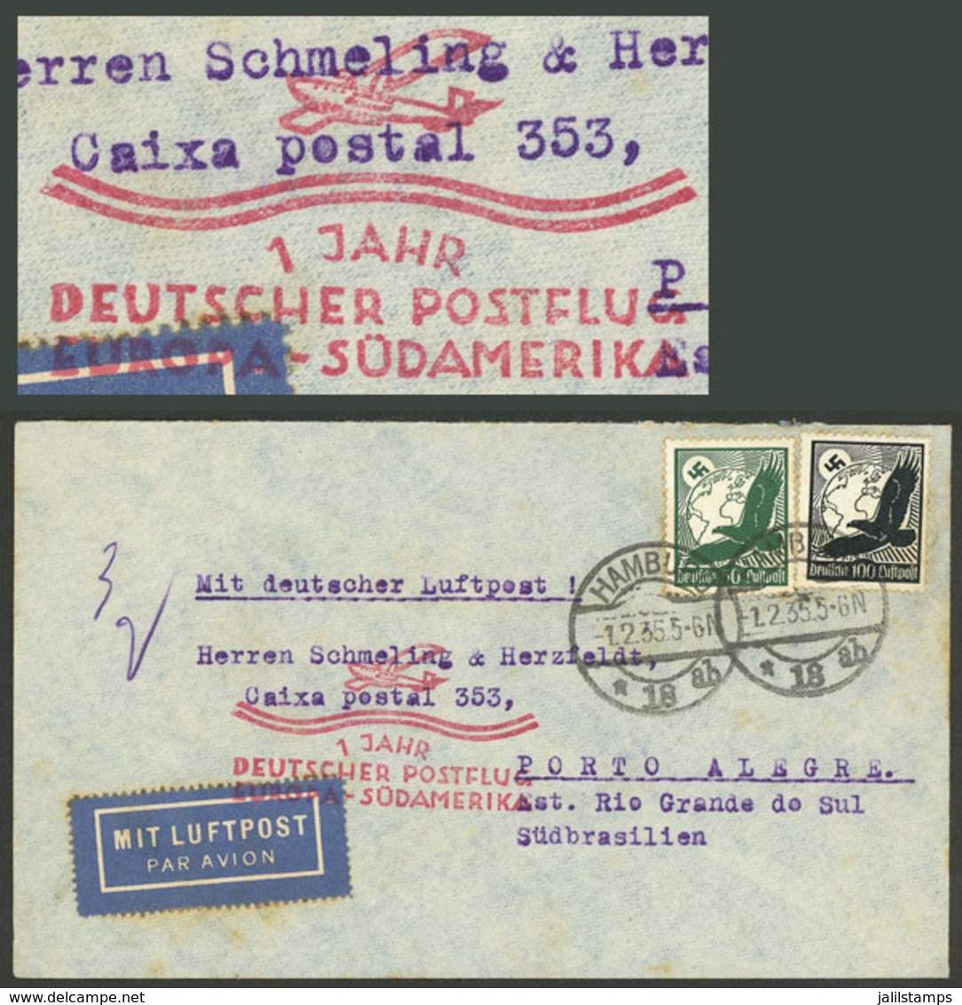 GERMANY: 1/FE/1935 Hamburg - Porto Alegre: Airmail Cover With Special Commemorative Mark Of The 1st Anniversary Of Europ - Lettres & Documents