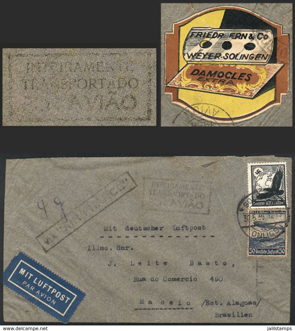 GERMANY: Airmail Cover Sent From Solingen To Maceio (Brazil) Via Air France On 30/MAY/1936, On Arrival It Was Handstampe - Storia Postale